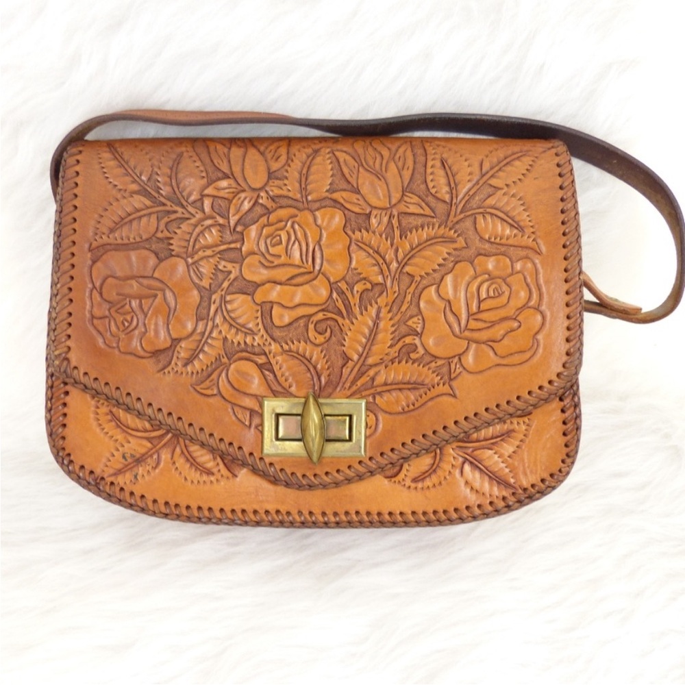 Vintage Light Brown Tooled Leather Purse